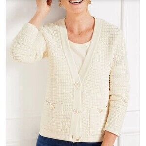 Talbots Kate Cardigan Sweater Womens XLP Ivory Gold Buttons Pockets Old Money